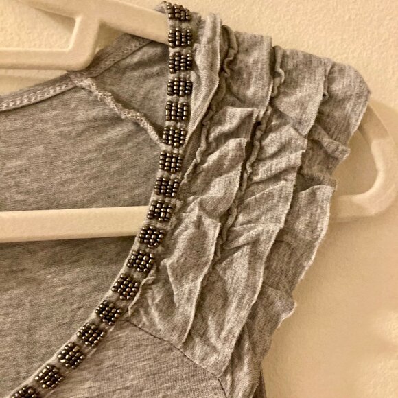 Kenar Heather Grey Ruffled Cap Sleeves Graphite Beadwork Size S - Picture 3 of 8